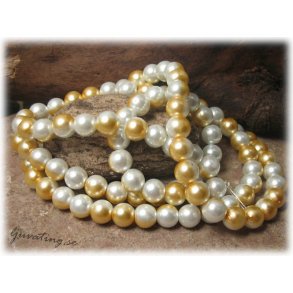 Glasprla rund 2 frgad vit/guldgul 20-pack ca 8mm