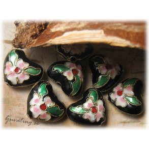 Cloisonne prla svart hjrta ca 17x14 mm
