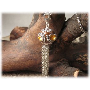 Hnge stor brun prla med tassel o klols 80 mm